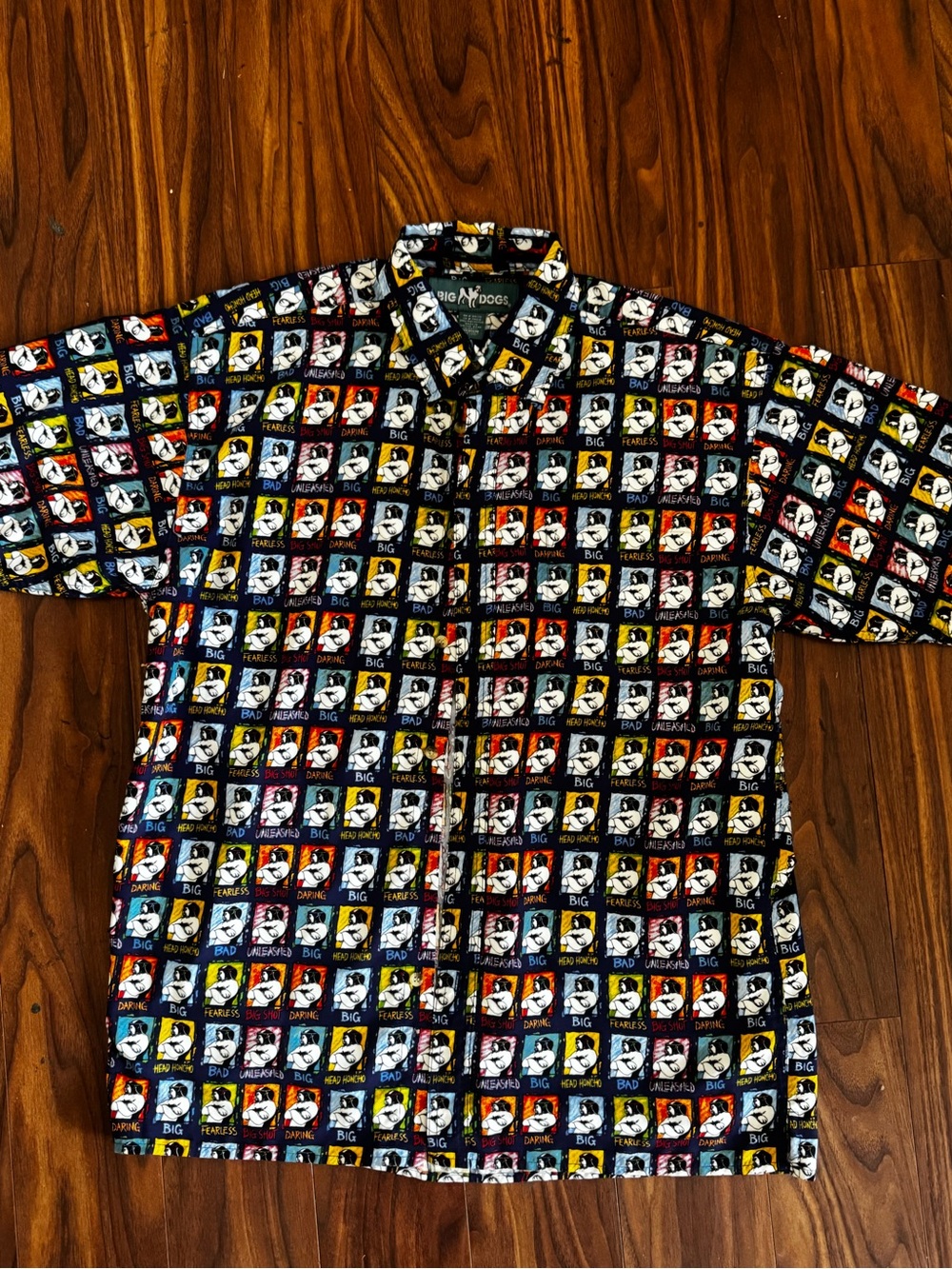 Y2K Big Dogs All Over Print Button Up Shirt Pop Art Grid Men's Medium